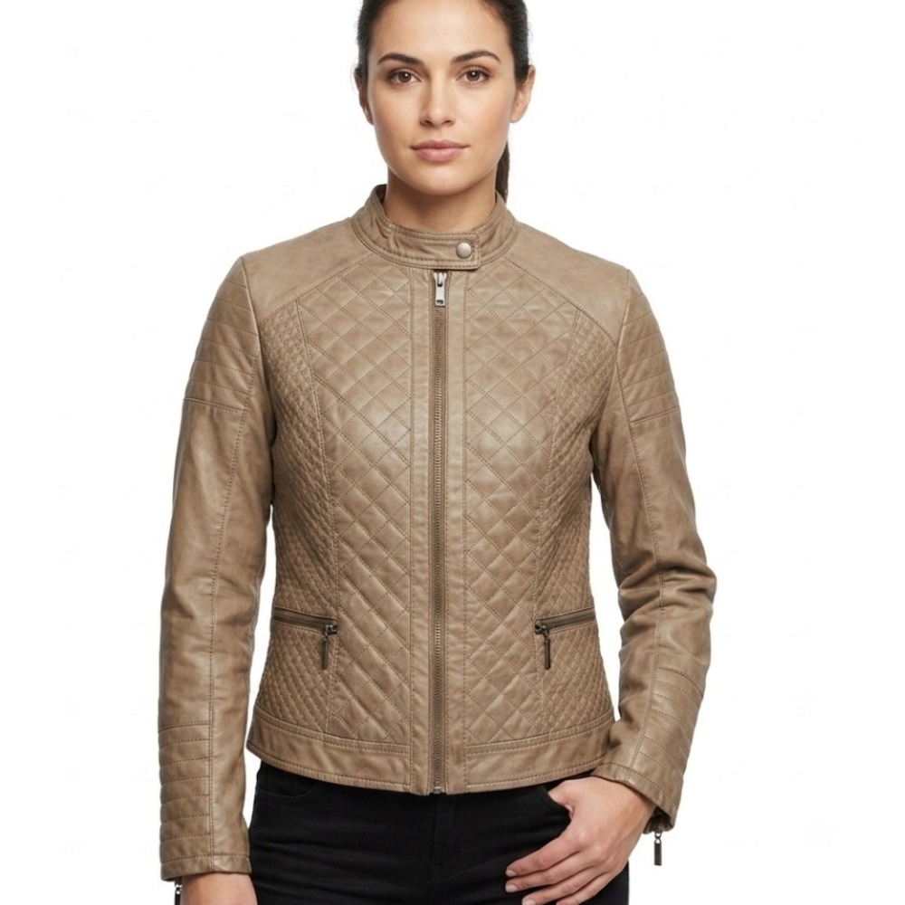 Indigo Saints Moto Jacket Womens Medium Brown Quilted Faux Leather Biker Zip Up
